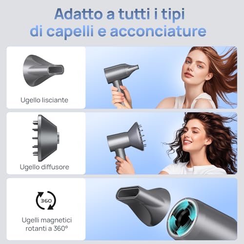 Professional Ionic Hair Dryer, 160,000 RPM Professional Hair Dryer Brushless Motor 1600 W, 57 dB Hair Dryer, Quick Drying with Magnetic Nozzle