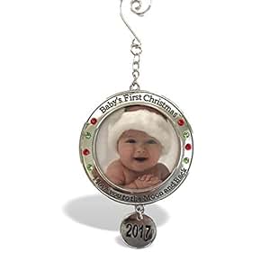 Baby's First Christmas - 2017 Photo Christmas Ornament with I Love You to the Moon and Back Engraved Around Picture Opening – New Baby Gift