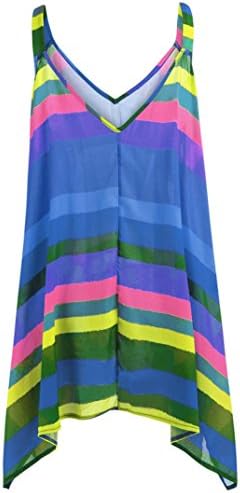 Anxinke Women Plus Size Sleeveless Blouse Long Pleated Rainbow Tank Top