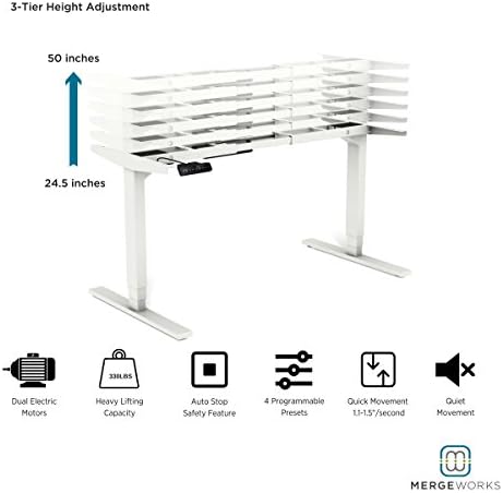 Merge Works Highrise Dual Motor Heavy Duty Electric Height Adjustable Base for Sit to Stand Desk, White, Expanded Height Adjustment Range
