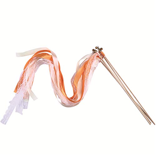 Wishprom 30pcs Lace Ribbon Wands Christmas Birthday Party Streamers Wands Fairy Stick for Wedding Activities (Orange+Lace)