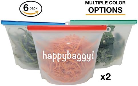 HappyBaggy Eco-Friendly Reusable Food Storage Bags, Quart Size 6 Pack - BPA-Free FDA Food Grade Silicone Bags - Good Lunch Containers, Sandwich Bags, Food Saver, Microwave, Airtight Seal (Clear/Multi)