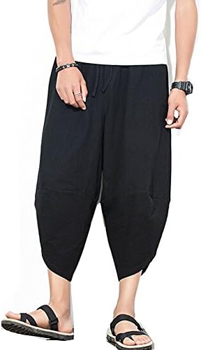 Chns Mens Summer Casual Mid Waist Lounge Baggy Patchwork Linen Shorts Harem Capri Pants