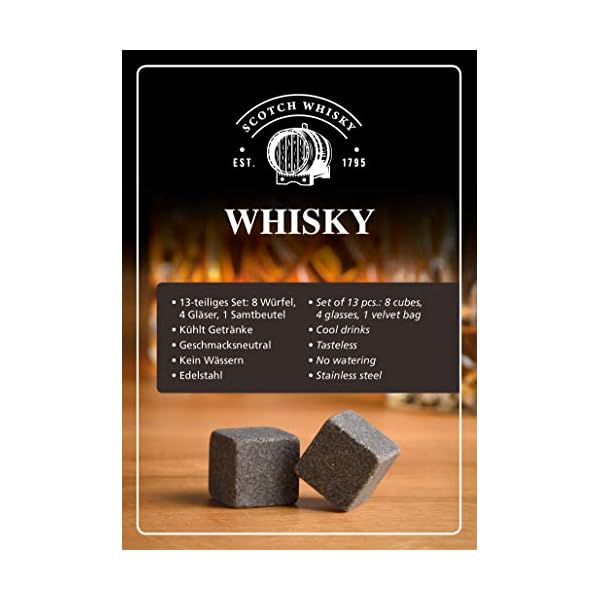 WOMA Whisky Steine Set I 8 Kühlwürfel aus Basalt inkl. Samtbeutel, 4 Whiskey Gläser & hochwertiger Holzbox I Wiederverwendbare Eiswürfel für Whiskey Wodka Gin Rum Tequila & Cocktails – Bild 5