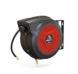 REELWORKS Air Hose Reel Retractable Spring Driven Polypropylene Heavy Duty Industrial 3/8" x 50 FT Long Premium Commercial Flex Hybrid Polymer Hose MAX 300psi for Air Compressor/Water
