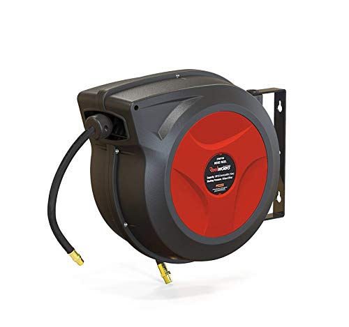 REELWORKS Air Hose Reel Retractable Spring Driven Polypropylene Heavy Duty Industrial 3/8" x 50 FT Long Premium Commercial Flex Hybrid Polymer Hose MAX 300psi for Air Compressor/Water