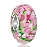 LovelyJewelry Sterling Silver Leaf Pink Flower Murao Glass Charms Beads For Bracelet