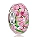 LovelyJewelry Sterling Silver Leaf Pink Flower Murao Glass Charms Beads For Bracelet