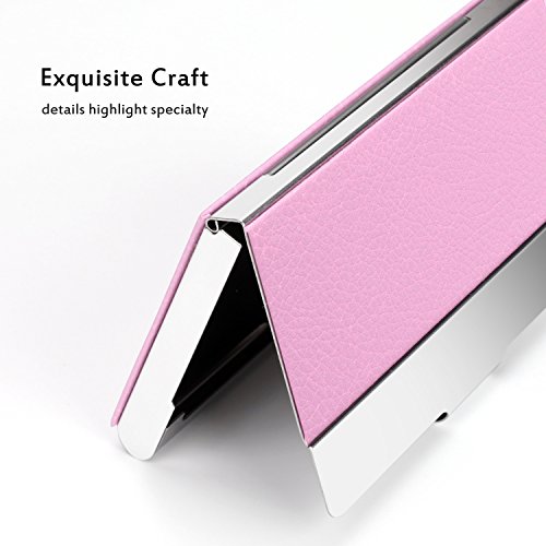 Business Card Holder Case, AHGXG Professional Slim Name Card Case Credit Card ID Holder/Case PU Leather&Stainless Steel Metal Wallets For Men&Women, Keep 20 Business Cards, Pink - Thumbnail 3