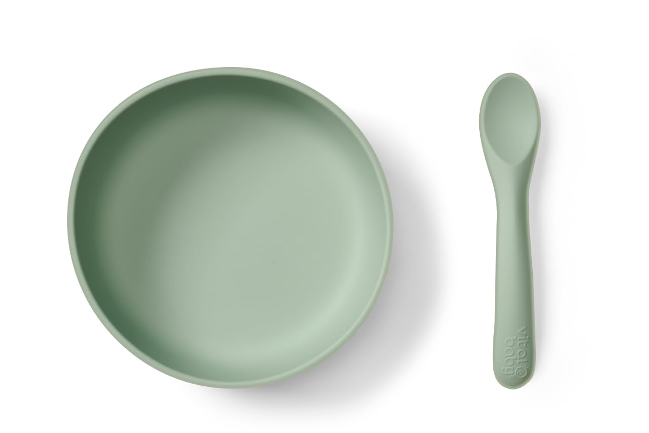 Vital Baby Nourish Silicone Suction Bowl Set - Mess-Free Weaning | Strong Suction Pad | Scooped Bowl and Chunky Spoon | BPA-Free | Easy to Clean | Suitable from 4 Months+ | Crushed Mint