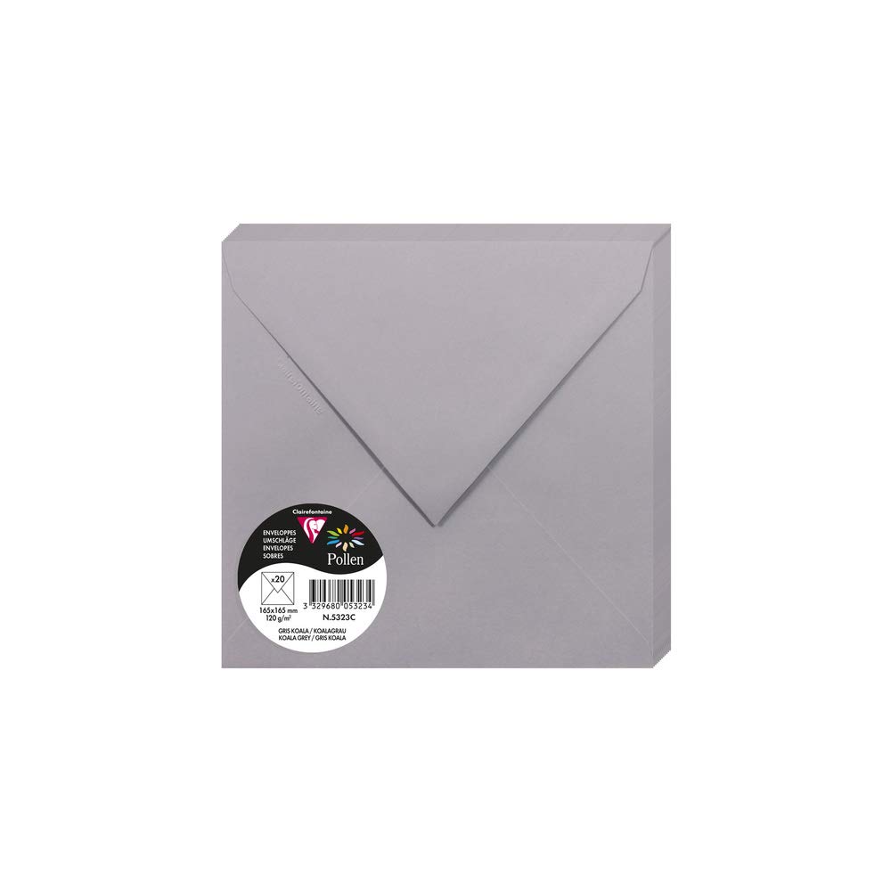 Clairefontaine 5323C Pack of 20 Gummed Envelopes Square 16.5x16.5cm 120g/m² Colour Koala Grey Invitation Events Correspondence Range Pollen Premium Paper