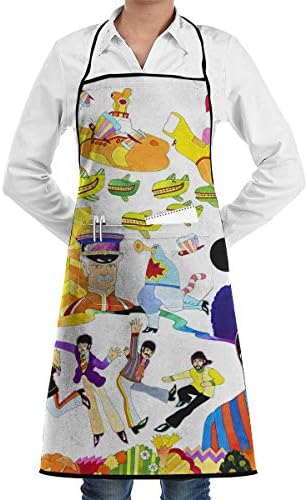 JustLKIT Beatles Cartoon Pop Art Cooking Apron Adjustable Strap BBQ Grill Black Aprons with Pocket for Women