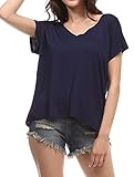 Hearts & Hips Women's Oversize Solid Plain V-neck T Shirt Tops Short Sleeve