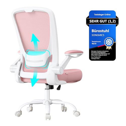 SONGMICS Bürostuhl ergonomisch, Drehstuhl mit Mesh, Lendenstütze, Wippfunktion, 53 cm große Sitzfläche, klappbare Armlehnen, Arbeits- und Schlafzimmer