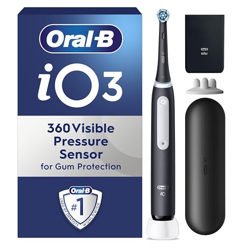 Oral-B iO 3 Matt Black Ultimate Clean Electric Toothbrush, 1 Refill Holder, 1 Charger Pouch, 1 Travel Case, Designed by Braun, Packaging May Vary