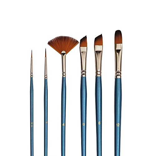 Set of 6 Paintbrushes - Cat's Tongue / Fan / Bevelled / Fine - for Watercolour / Acrylic Painting