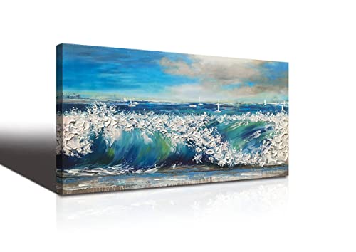 Canvas Wall Art Blue Abstract Seascape Painting Large Size Ocean Waves Single Picture Print, Blue Sky And White Clouds Modern Scenery Sailing Boat In The Ocean Art Frame Living Room Bedroom Home