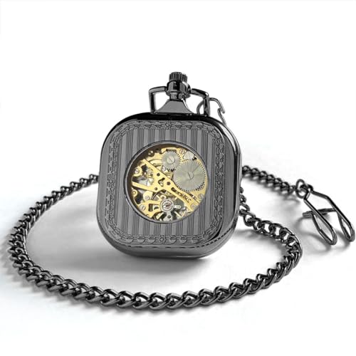 VIGOROSO Mens Classic Steampunk Pocket Watch with Chain Skeleton Hand Wind Mechanical Pocket Watches for Men & Women