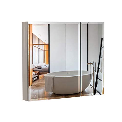 B&C 30"x26"Aluminum Medicine Cabinet with Mirror|Color Satin|Bathroom Mirror Cabinet with Adjustable Glass Shelves|Storage Cabinet for Bathroom Recessed or Surface Mounting