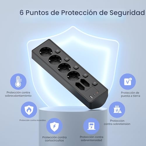 Desktop Power Strip with USB C (PD 30W), Individual Switches Desktop Power Socket, Surge Protection Sockets, 2 Meter Cable for Home Office, 2M Cable, Black