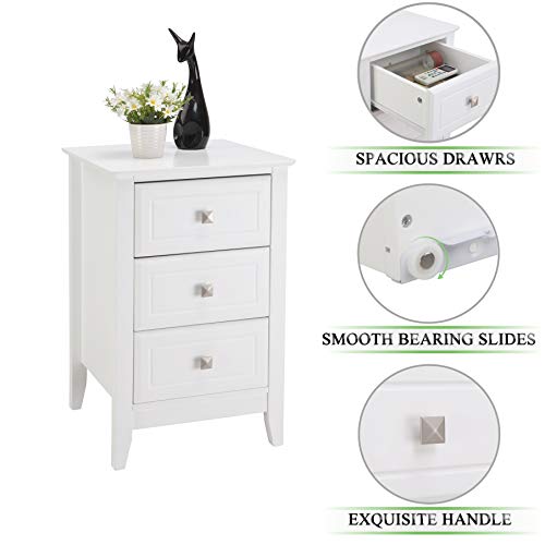 Bonnlo Upgraded White Nightstand with 3 Drawers, Modern Night Stands for Bedrooms with Metal