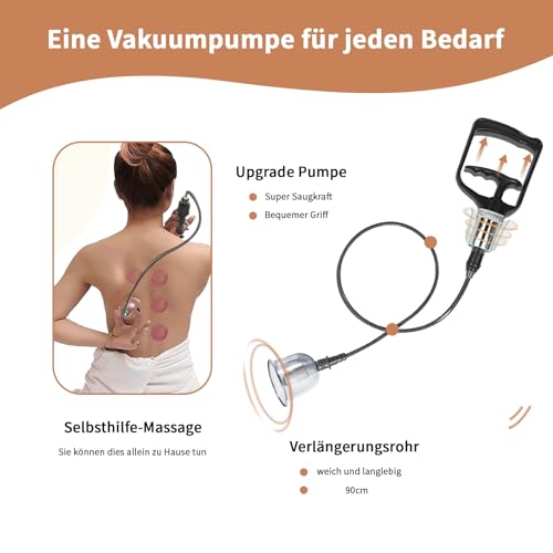 Cupping Glasses with Vacuum Pump & Therapy Magnets + Fascia Scraper, Cupping (18 Pieces) Against Tension & Cellulite and Lymphatic Drainage, High-Quality Cupping Glass Set for Face and Body
