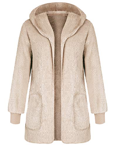Women's Open Front Cardigan Hooded Fleece Jacket Sweater Apricot XL