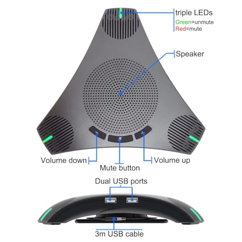 Conference Speaker and Microphone - 360° Omnidirectional USB Speakerphone with USB Hub, Features Noise Reduction and Echo Cancellation, Ideal for 8-10 People in Business Conferences and Home Offices.