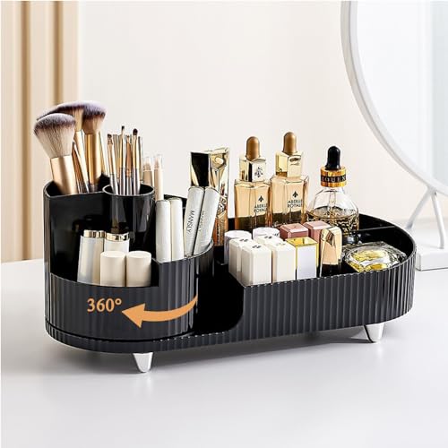 Zufudo Makeup Organizer for Vanity 360 Rotating Plastic Makeup Brush Holder Large Cosmetic Skincare Organizer for Lotion Lipstick, Model 8056 Black