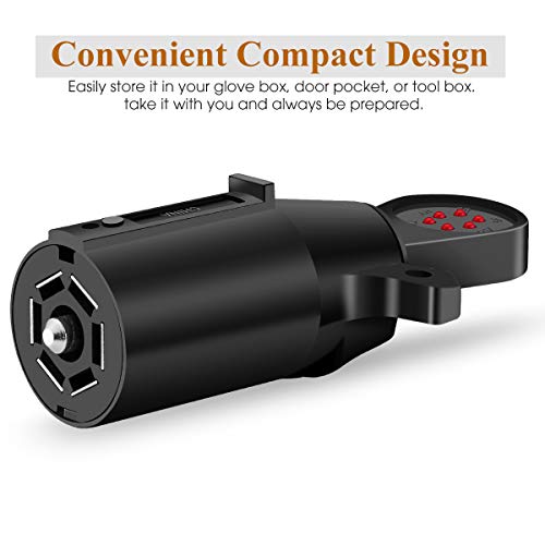 SUZCO 7-Way 6 Function RV Trailer Plug Light Circuit Tester Adapter, Black Round 7 Flat Pin Controller 12V for RV Trailer Boat SUV Truck