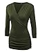 LL WT1255 Women's Deep V Neck 3/4 Sleeve Slim Fitted T-Shirt Casual Cross Surplice Wrap Tops XXL Olive