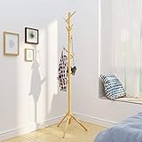 BAMEOS Bamboo Tree Coat Rack Stand- Easy Assembly NO Tools Required - 3 Adjustable Sizes Free Standing Coat Rack, Coat Hanger Stand for Clothes, Suits, Accessories(8 Hooks,Natural Color)