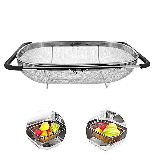 Beauenty Stainless Steel Over the Sink Colander Strainer Basket，Draining Basket，Sink Basket，Sink with Rubber Grip, Fine Mesh, Large Kitchen Gadgets Tools，Strainer Home Kitchen Essentials