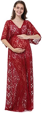 Women Sexy See-through Deep V-Neck&amp;Back Sheer Lace dress, Maternity Photography Skirt, Beach Dress (Red V-Neck)