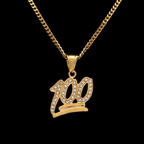 Emoji 100 Logo Pendant Bling Necklace,Fimkaul Crystal Diamond Hip Hop Statement Necklace Cuban Chain (20'', gold)