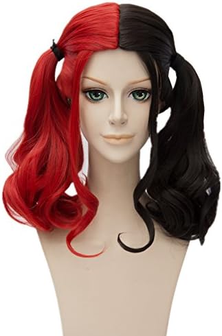 Ecvtop Cosplay Wig Red and Black ,Medium Length Curly Lolita Style Halloween Wig