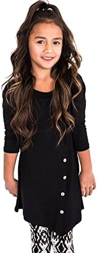 Uncinba Unciba Girls 3/4 Sleeve Tunic Tops Irregular Hem Button Trim Boat-Neck Blouse For Kids
