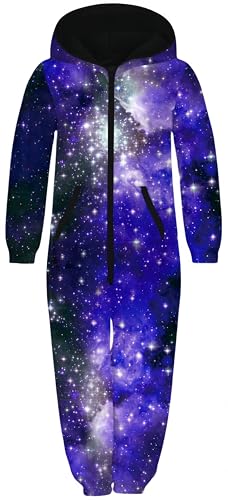 Ocean Plus Unisex Langarm Reißverschluss Kapuze Fleece Overall Jungen Digitaldruck Fleece Mädchen Einteiler Mit Kapuzen (S (Körpergröße: 125-130 Cm), Violette Galaxie)