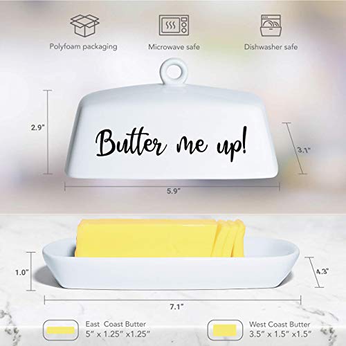 White Ceramic Butter Dish with Classic Shape & Quirky 'Butter Me Up