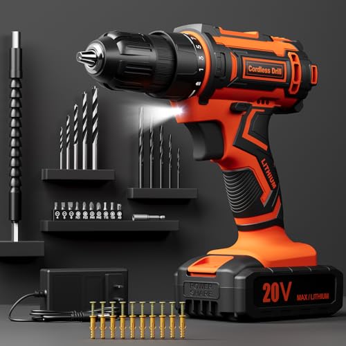 Cordless Drill Set, VIWKO 20V Power Drill with Power Pack 2.0Ah and Charger, 3/8-Inch Keyless Chuck Electric drill, 25+1 Position, 42pcs Drilldriver Bits/Screws for DIY Projects (Orange)