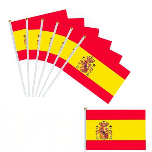 16 Pieces Hand Flag Spain Stick with Small Flag 30 cm – Ideal for World Cup, European Cup, Sports Events, Celebrations, Parades, National Parties and Entertainment
