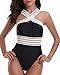 Holipick Women 1 Piece Sexy See Through Mesh Front Criss Cross Color Block Padded Monokini Swimsuit Black L