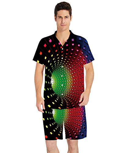 RAISEVERN Men\'s Casual Button-Down Shirts 3D Colourful Tunnel Print Short Sleeve Hawaiian T-Shirts Casual Aloha-Shirt for Holiday L