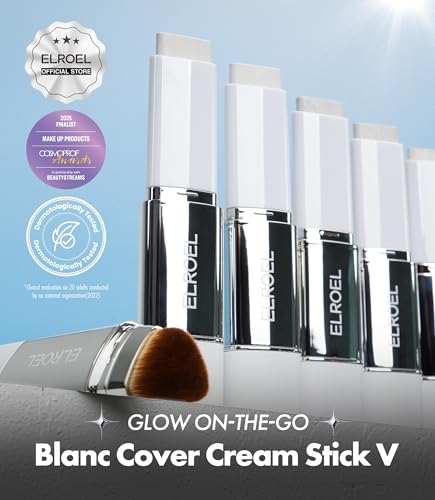 ELROEL Blanc Cover Cream Stick V White - Korean Color-Changing Foundation Stick with Volufiline - Medium to Full Coverage Dewy Finish Base Makeup - Dual-Ended with Detachable Brush (202 Natural)