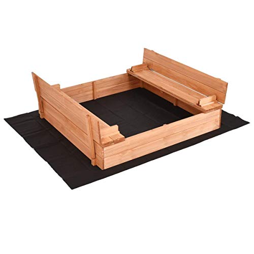 Costzon Kids Foldable Cabana Sandbox with 2 Convertible Benches & 1 Piece Black Non-Woven Fabric Cloth (47-Inch)