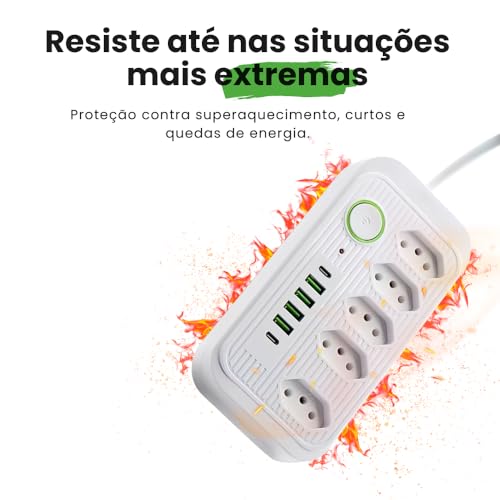 Extensão de Energia Filtro de Linha Régua de Energia com 5 Tomadas 4 USB-A e 2 USB Tipo-C Cabo 2 Metros Bivolt 110-220V Potência 2500W e Carregamento Inteligente Linha Premium (Branco)