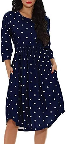 GIKING Women Polka Dot Boho Dress 3/4 Sleeve Pleated Pockets Swing Midi Dress