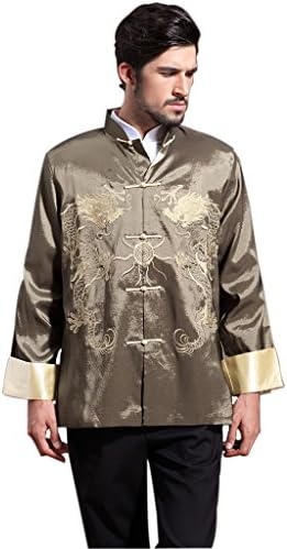 Mens Chinese Kung Fu Long Sleeve Silk Tang Shirt Double Dragon with Pearl Green Size XXXL