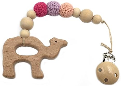 Amyster Baby Pacifier Clip Wooden Camel Teether Eco-friendly Teething Crochet Beads Chew Nipple Folder Shaped Rattle Christmas Gift (Camel)