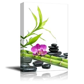 Purple Orchid with Bamboo and Black Stones White...